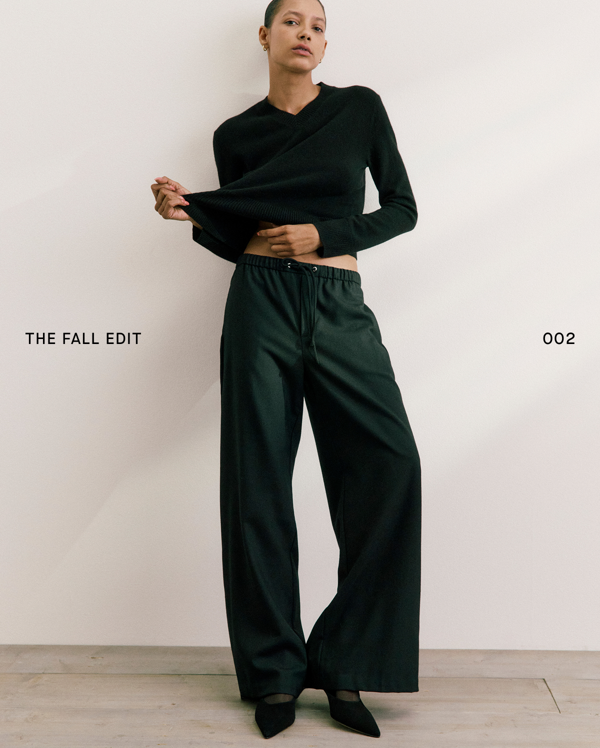 Image | The Fall Edit 002 | Model in Cashmere Cropped High-V Sweater, Pull-On Trouser in Tailor Twill, and Studio Kitten Heel