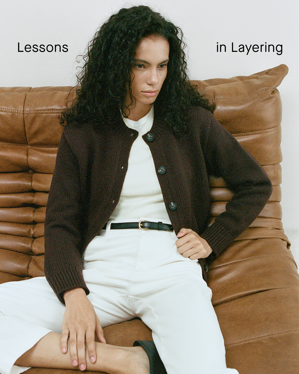 Editorial Image | Lessons in Layering | Model wearing Open-Knit Cardigan Crew in Elevated Cotton | Coffee Bean
