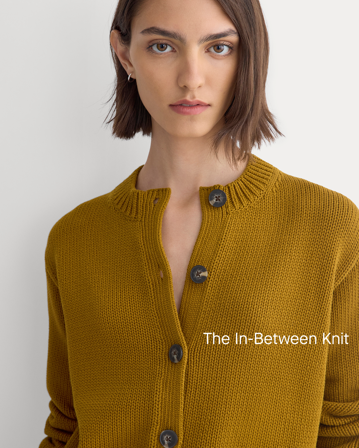 Editorial Image | The In-Between Knit | Model in Open-Knit Cardigan Crew in Elevated Cotton | Tapenade