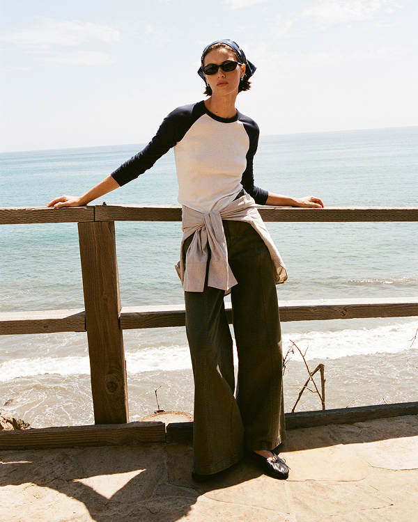 Editorial Image | Model in Utility Seamed Wide-Leg Pant | Olive Night