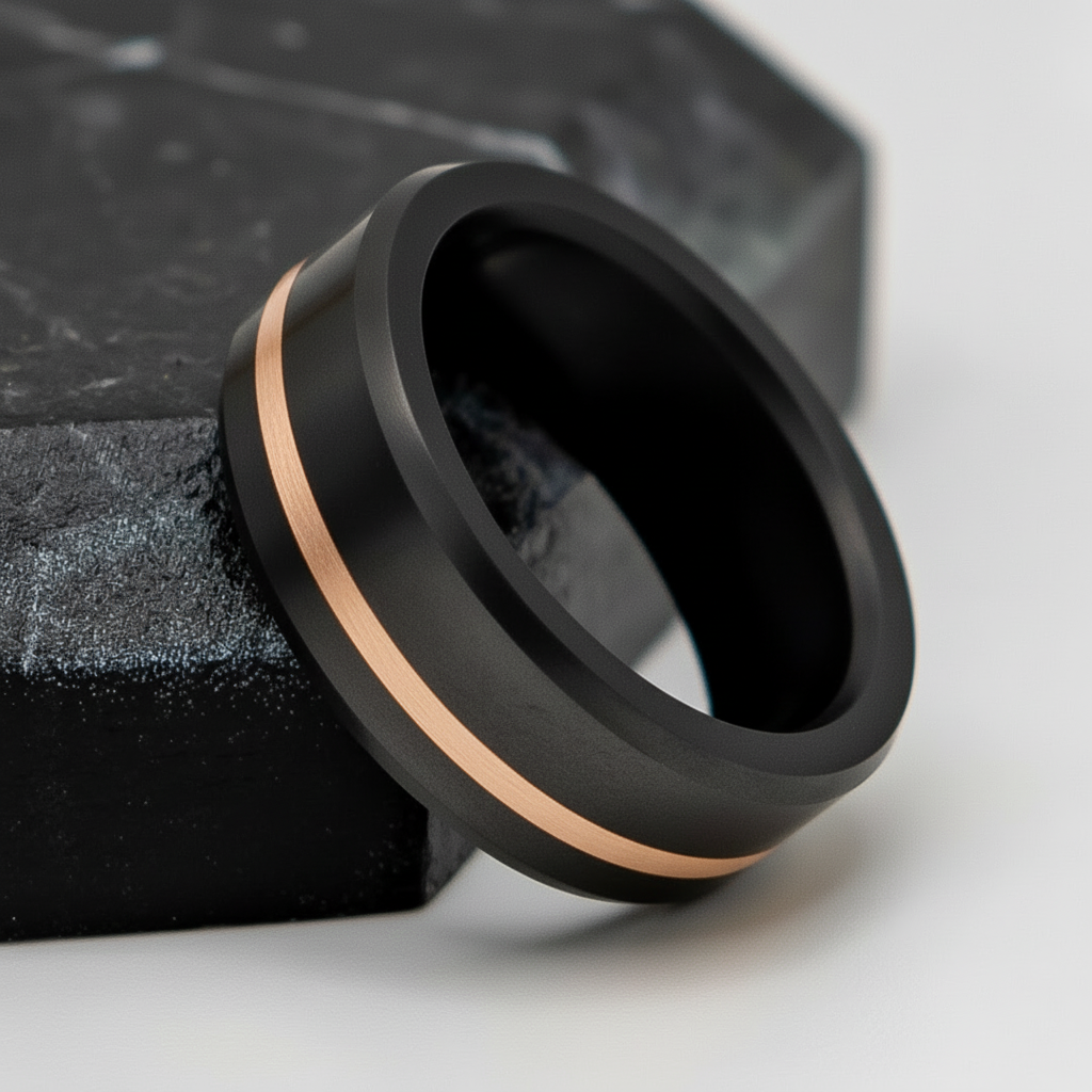 an image of a black ring with a gold stripe on a marble block