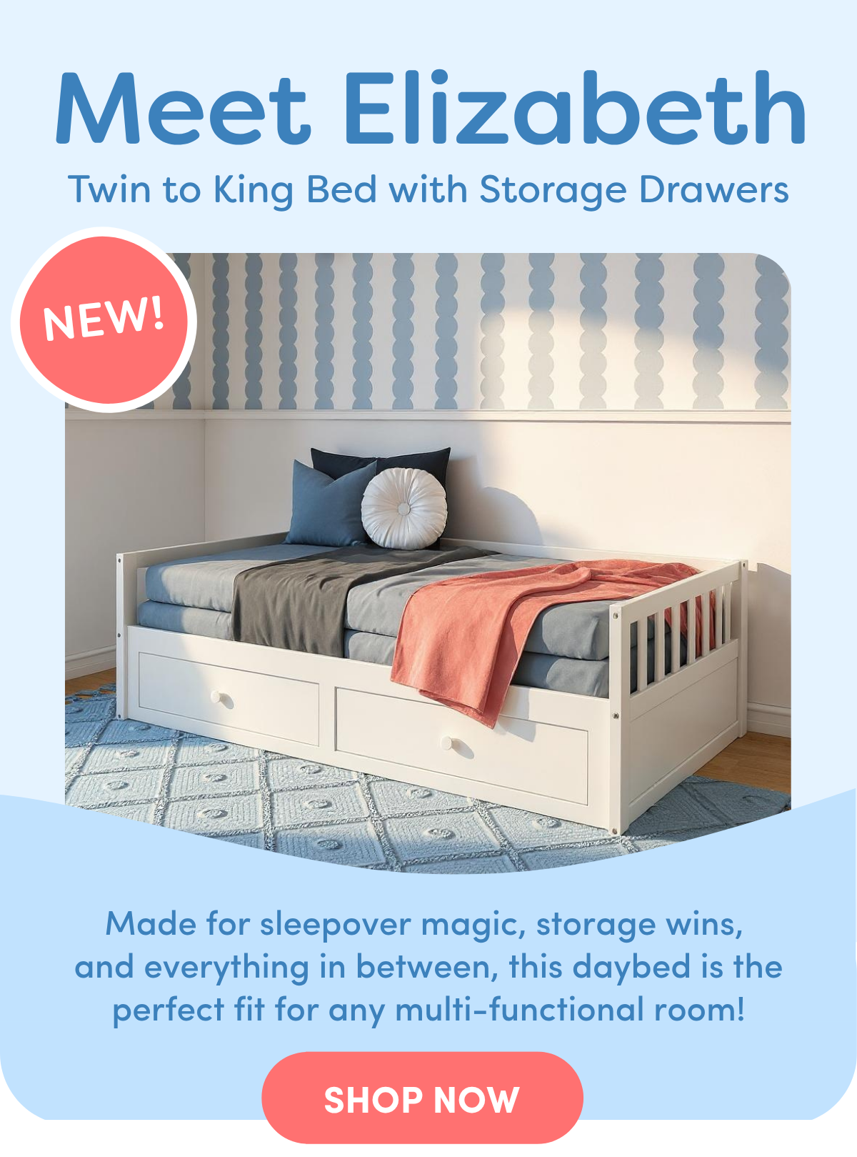 NEW PRODUCT: Elizabeth Twin to King Bed with Storage Drawers