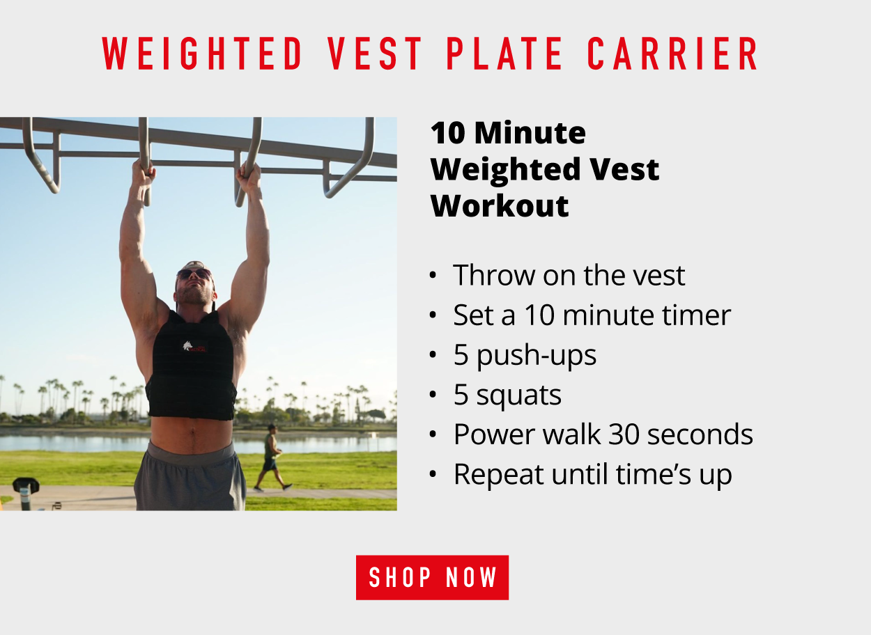 10 Minute Weighted Vest Plate Carrier Workout. Throw on the vest Set a 10 minute timer 5 push-ups 5 squats Power walk 30 seconds Repeat until time's up
