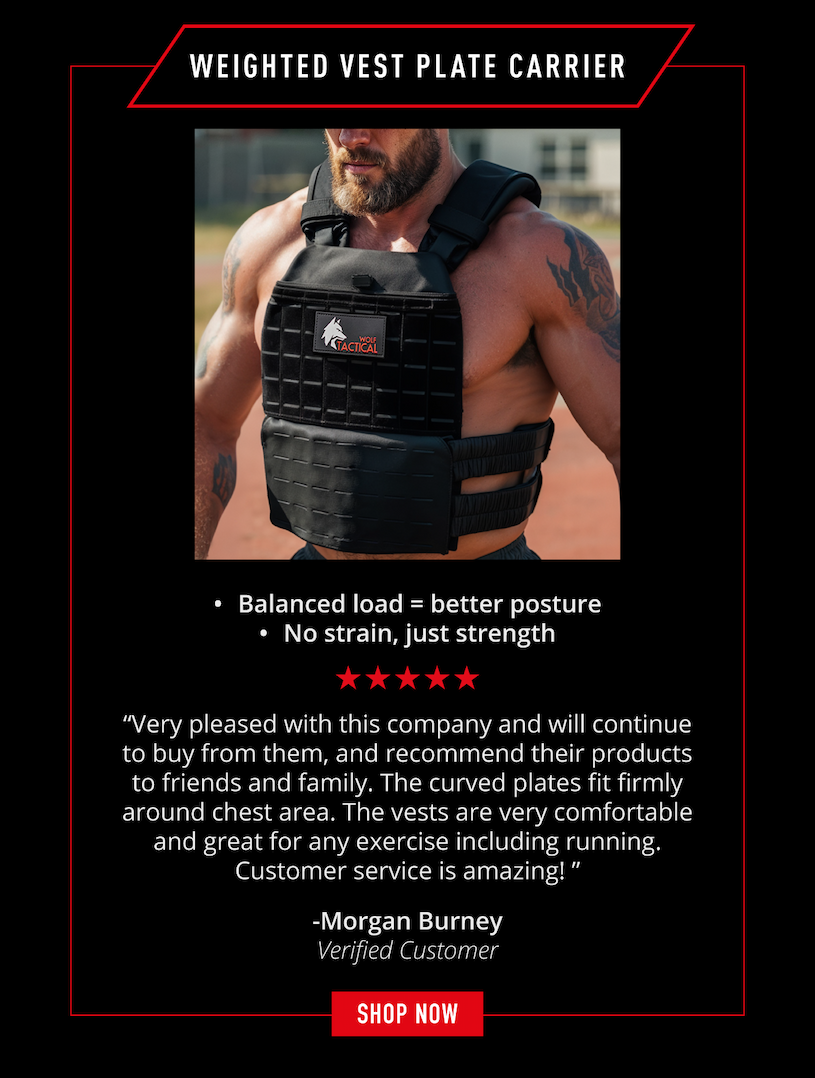 Weighted Vest Plate Carrier.    ✔️ Balanced load = better posture ✔️ No strain, just strength     5 Star Review:   Very pleased with this company and will continue to buy from them, and recommend their products to friends and family. The curved plates fit firmly around chest area.. the vests are very comfortable and great for any exercise including running. Customer service is amazing!   ~Morgan Burney Verified Customer       SHOP NOW
