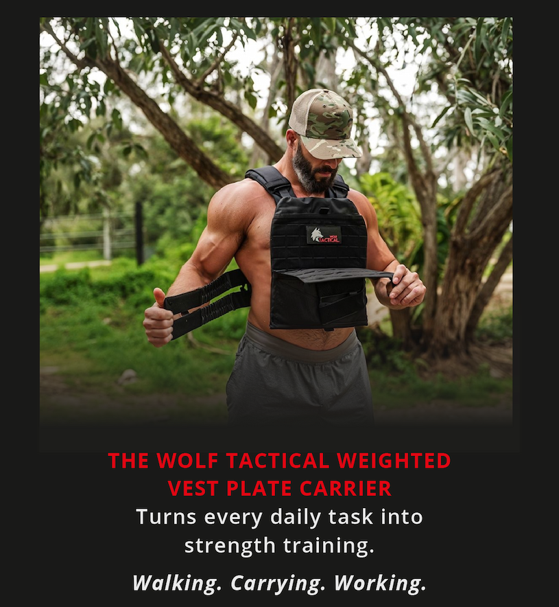 The Wolf Tactical Weighted Vest Plate Carrier. Turns every daily task into strength training. Walking. Carrying. Working. 