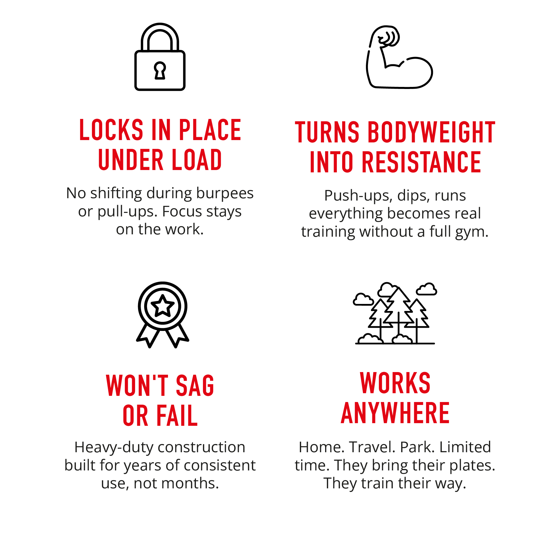 LOCKS IN PLACE UNDER LOAD No shifting during burpees or pull-ups. Focus stays on the work.  TURNS BODYWEIGHT INTO RESISTANCE Push-ups, dips, runs— everything becomes real training without a full gym.  WON'T SAG OR FAIL Heavy-duty construction built for years of consistent use, not months.  WORKS ANYWHERE Home. Travel. Park. Limited time. They bring their plates. They train their way.