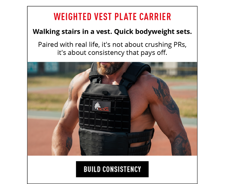 Weighted Vest Plate Carrier. Walking stairs in a vest. Quick bodyweight sets.  Paired with real life, it's not about crushing PRs, it's about consistency that pays off.   Build consistency. 