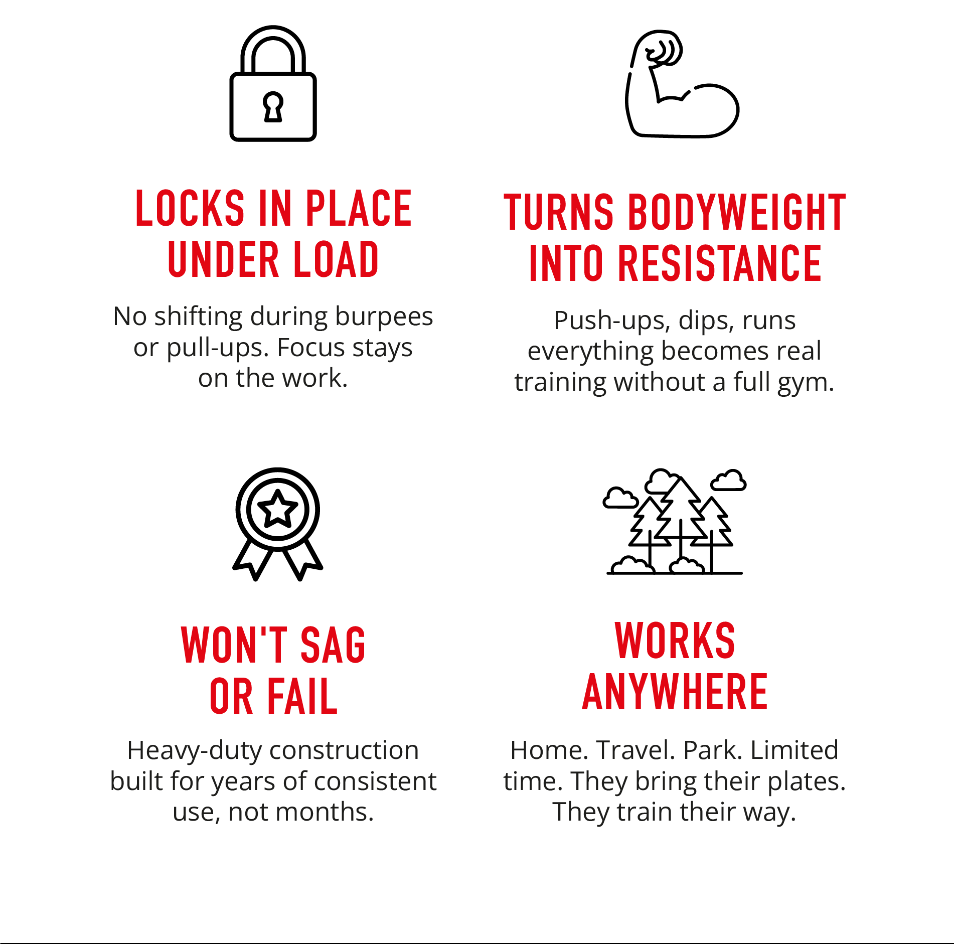 LOCKS IN PLACE UNDER LOAD No shifting during burpees or pull-ups. Focus stays on the work.  TURNS BODYWEIGHT INTO RESISTANCE Push-ups, dips, rows — everything becomes real training without a full gym.  WON'T SAG OR FAIL Heavy-duty construction built for years of consistent use. Not months.  WORKS ANYWHERE Home. Travel. Park. Limited time. They bring their plates. They train their way.