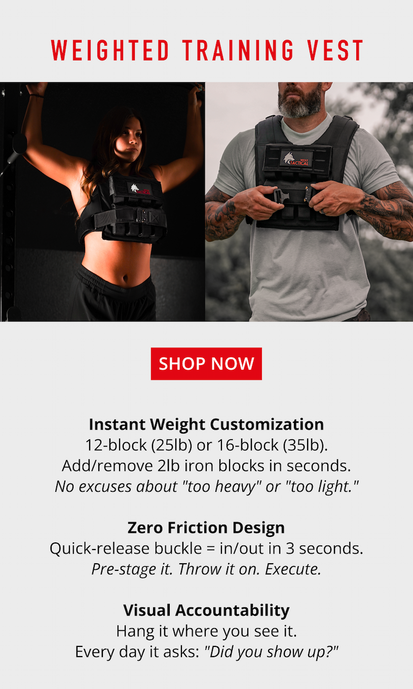 Shop Now  Weighted Training Vest  Instant Weight Customization  12-block (25lb) or 16-block (35lb). Add/remove 2lb iron blocks in seconds. No excuses about "too heavy" or "too light."  Zero Friction Design Quick-release buckle = in/out in 3 seconds. Pre-stage it. Throw it on. Execute.  Visual Accountability  Hang it where you see it. Every day it asks: "Did you show up?"