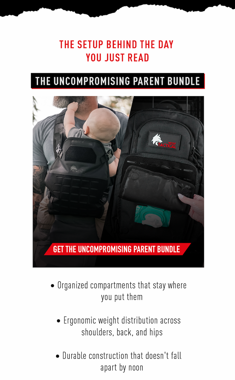 The setup behind the day you just read. The uncompromising parent bundle.       Get the uncompromising parent bundle.         Organized compartments that stay where you put them  Ergonomic weight distribution across shoulders, back, and hips  Durable construction that doesn't fall apart by noon