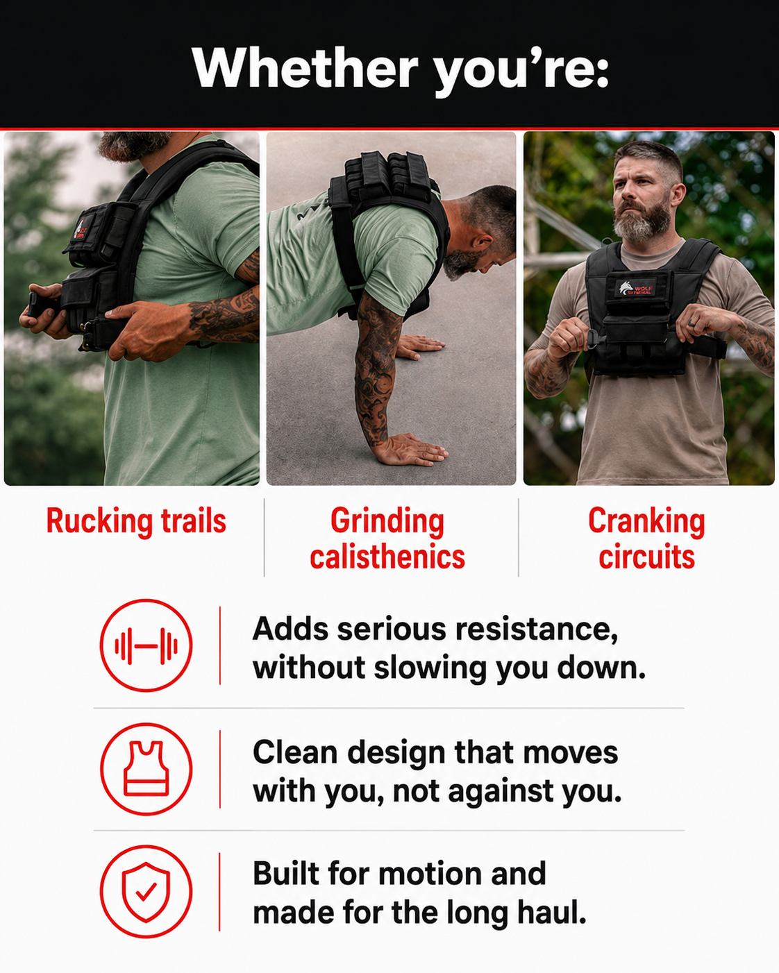 Whether you're: Rucking trails. Grinding calisthenics. Cranking circuits. Adds serious resistance, without slowing you down. Clean design that moves with you, not against you. Built for motion, built for the long haul, this vest goes wherever you do.