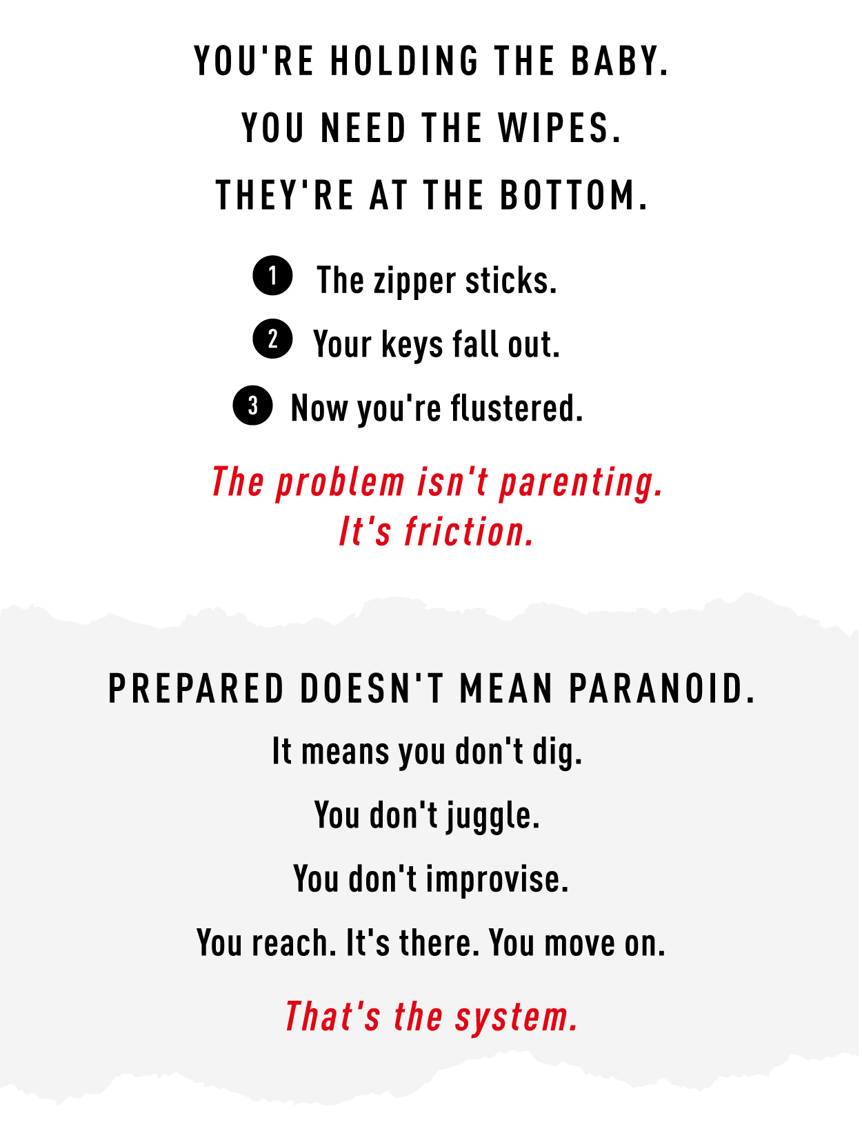 You're holding the baby. You need the wipes. They're at the bottom. 1. The zipper sticks. 2. Your keys fall out. 3. Now you're flustered.   The problem isn't parenting. It's friction.                Prepared doesn't mean paranoid. It means you don't dig. You don't juggle. You don't improvise. You reach. It's there. You move on.          That's the system.
