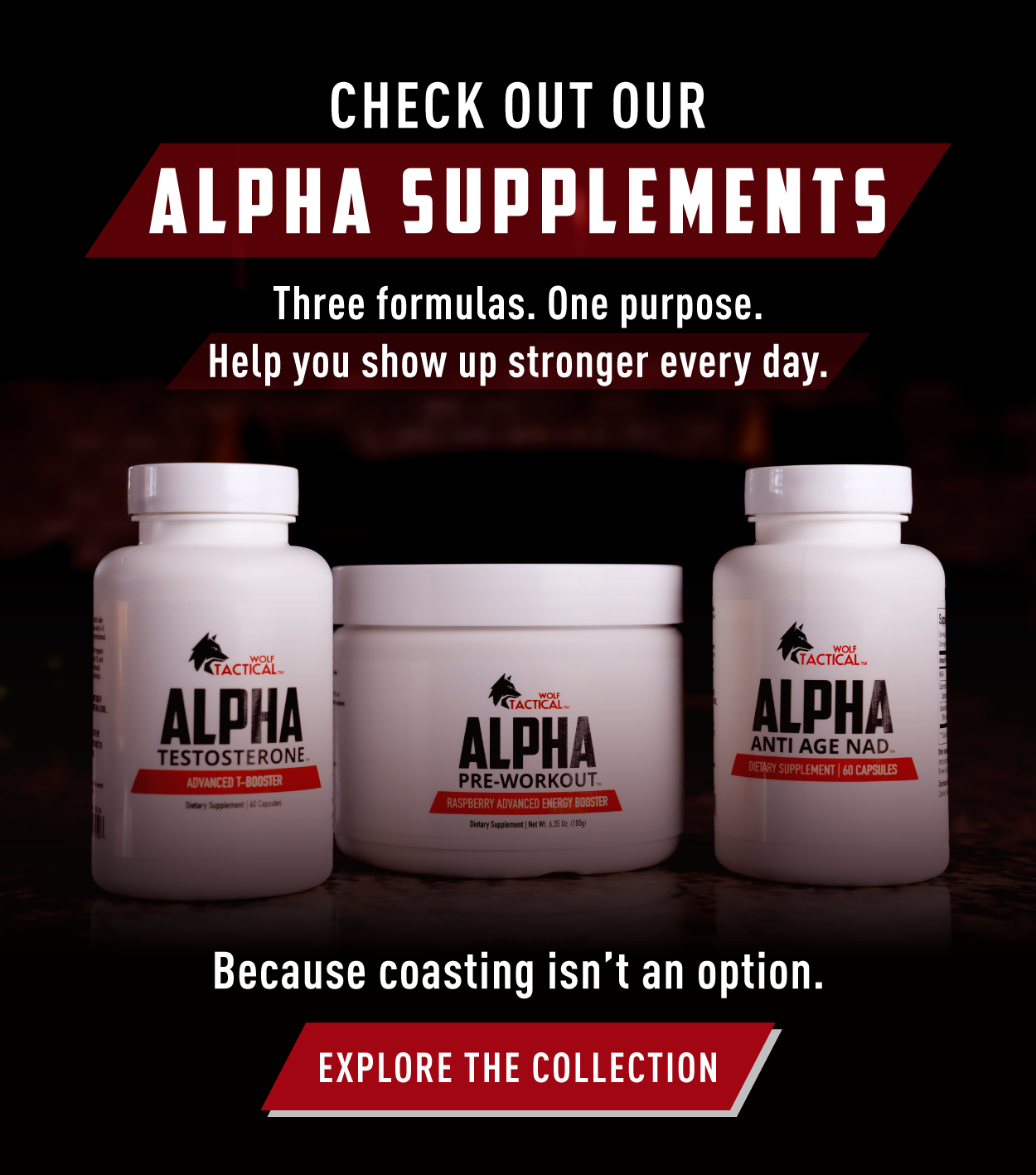 Check out our Alpha Supplements.        Three formulas. One purpose. Help you show up stronger every day.            Because coasting isn't an option. Explore the Collection.