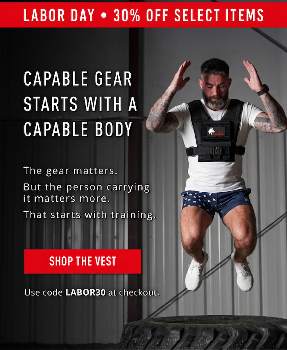 Man in weighted vest jumps over tire, promoting Labor Day sale on gear.