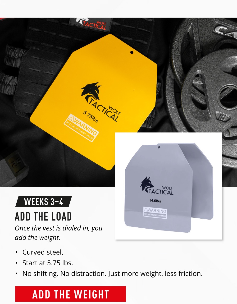 WEEKS 3–4 ADD THE LOAD. Once the vest is dialed in, you add the weight. Curved Weight Vest Plates: Curved steel.  Start at 5.75 lbs.   No shifting. No distraction. Just more weight, less friction. Add The Weight. 