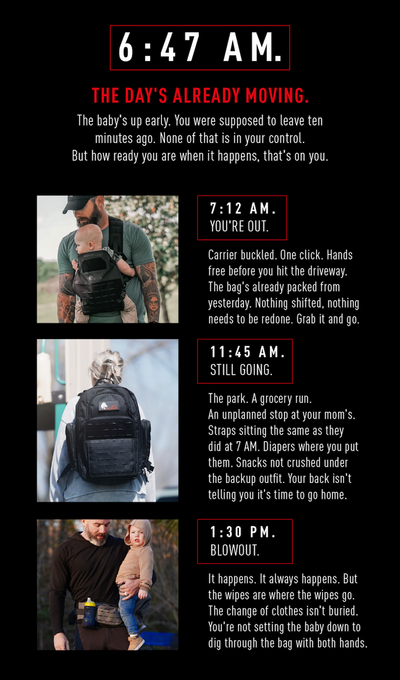 6:47AM       The day's already moving           The baby's up early. You were supposed to leave ten minutes ago. None of that is in your control. But how ready you are when it happens, that's on you.              7:12 AM. You're out. Carrier buckled. One click. Hands free before you hit the driveway. The bag's already packed from yesterday. Nothing shifted, nothing needs to be redone. Grab it and go.  11:45 AM. Still going. The park. A grocery run. An unplanned stop at your mom's. Straps sitting the same as they did at 7 AM. Diapers where you put them. Snacks not crushed under the backup outfit. Your back isn't telling you it's time to go home.  1:30 PM. Blowout. It happens. It always happens. But the wipes are where the wipes go. The change of clothes isn't buried. You're not setting the baby down to dig through the bag with both hands.