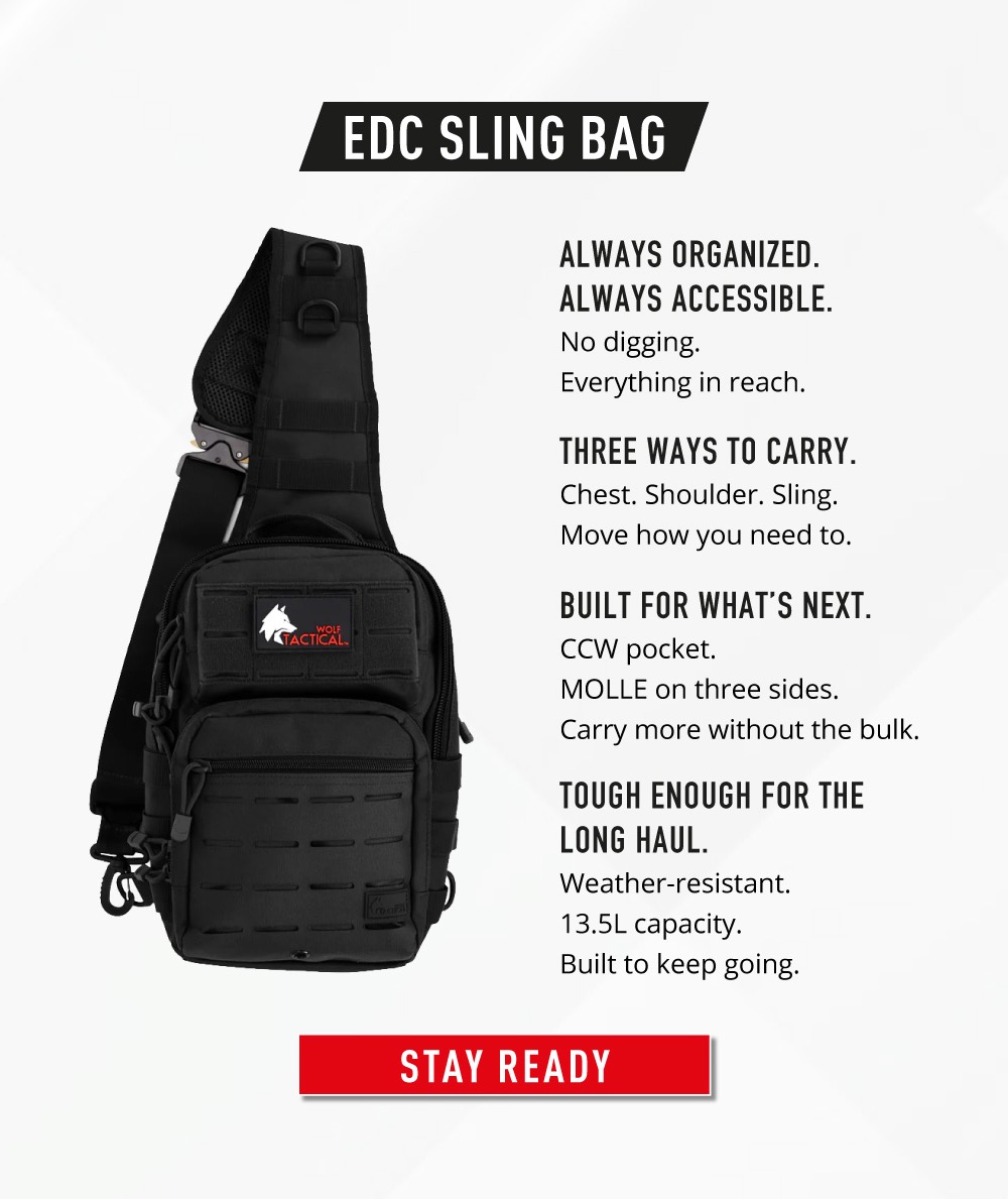EDC SLING BAG. Always Organized. Always Accessible. No digging.  Everything in reach. Three Ways To Carry. Chest. Shoulder. Sling. Move how you need to. Built For What’s Next. CCW pocket.  MOLLE on three sides.  Carry more without the bulk. Tough Enough For The Long Haul. Weather-resistant.  13.5L capacity.  Built to keep going. STAY READY.