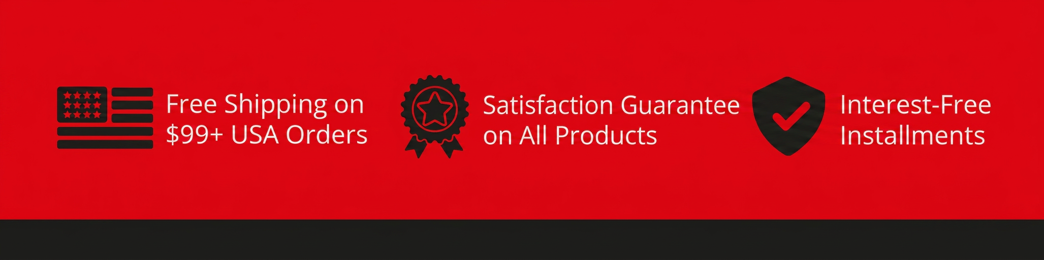 Icons and text for free shipping, satisfaction guarantee, and interest-free installments.