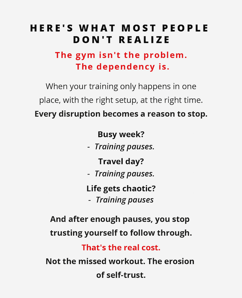 Leaders don't need ideal conditions. They don't skip work because they couldn't make it to the gym. They don't let a travel day become a lost day. They build anywhere. Not because they're obsessed. Because their capability affects everyone else.             Lead from the front without waiting for perfect conditions.