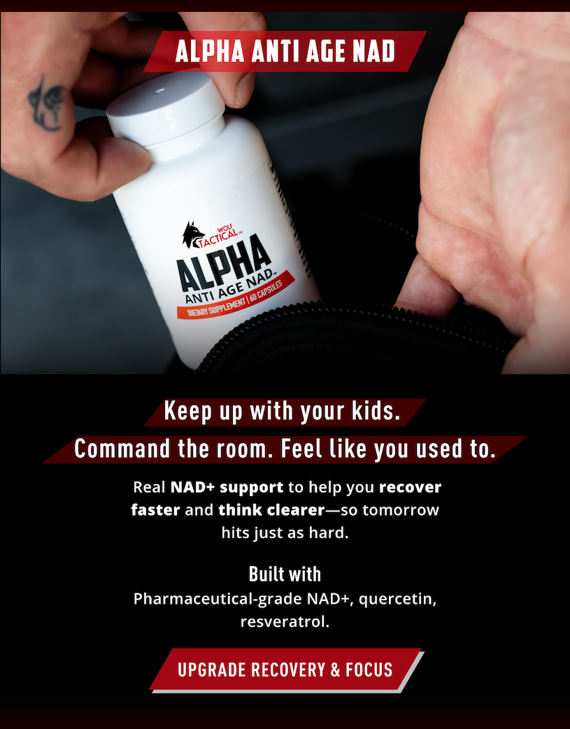 Alpha Anti Age NAD             Keep up with your kids. Command the room. Feel like you used to.         Real NAD+ support to help you recover faster and think clearer- so tomorrow hits just as hard.        Built with Pharmaceutical-grade NAD+, quercetin, resvaratrol.         Upgrade recovery and focus.