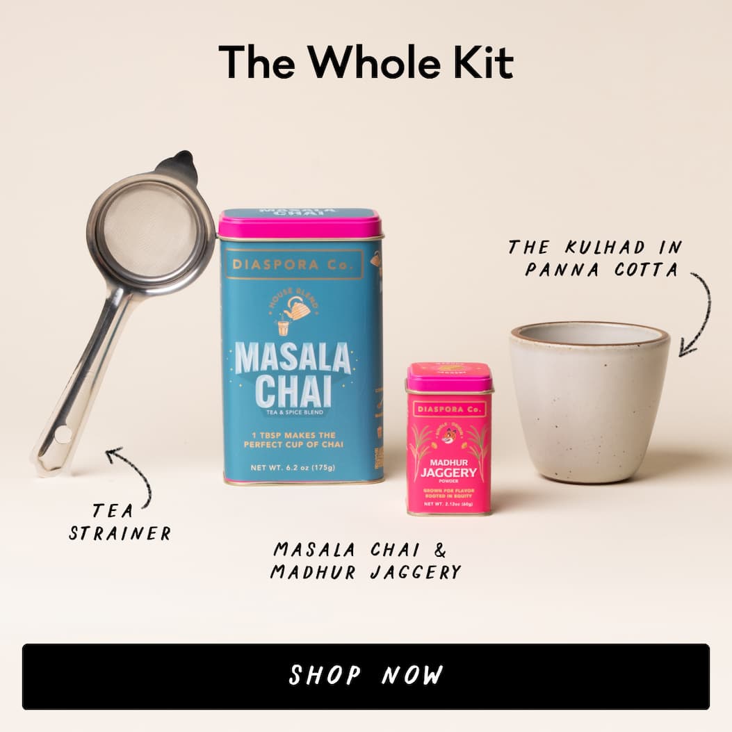 The Whole Kit - Tea strainer, Masala Chai & Madhur Jaggery, The Kulhad in Panna Cotta - Shop Now