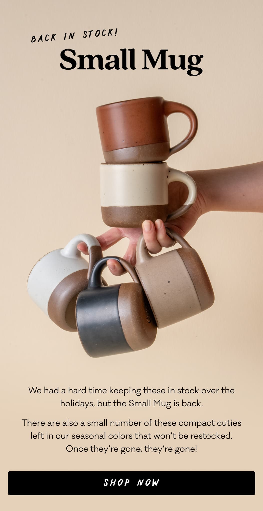 Back in Stock! Small Mug - We had a hard time keeping these in stock over the holidays, but the Small Mug is back. There are also a small number of these compact cuties left in our seasonal colors that won’t be restocked. Once they’re gone, they’re gone!