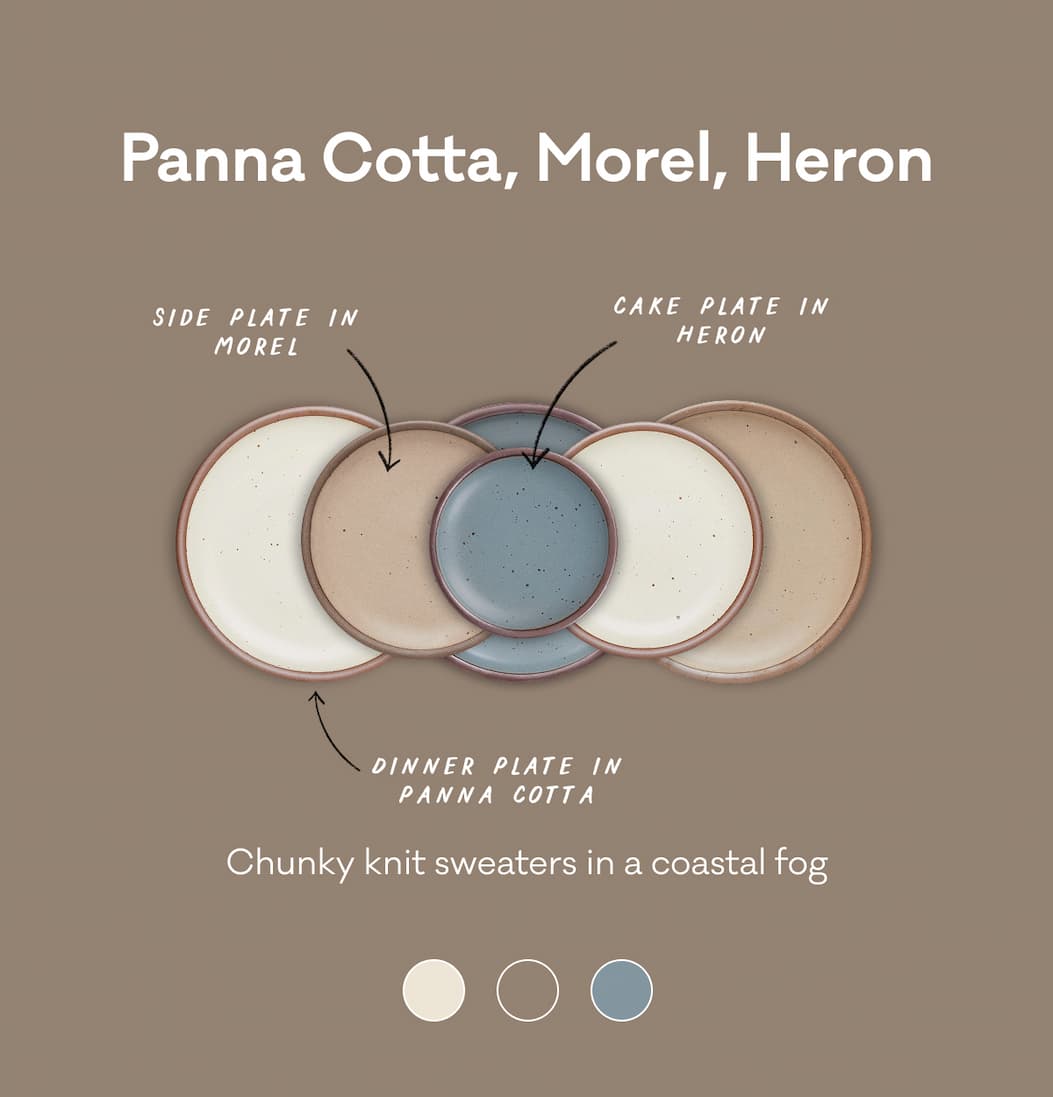 Panna Cotta, Morel, Heron - Chunky knit sweaters in a coastal fog