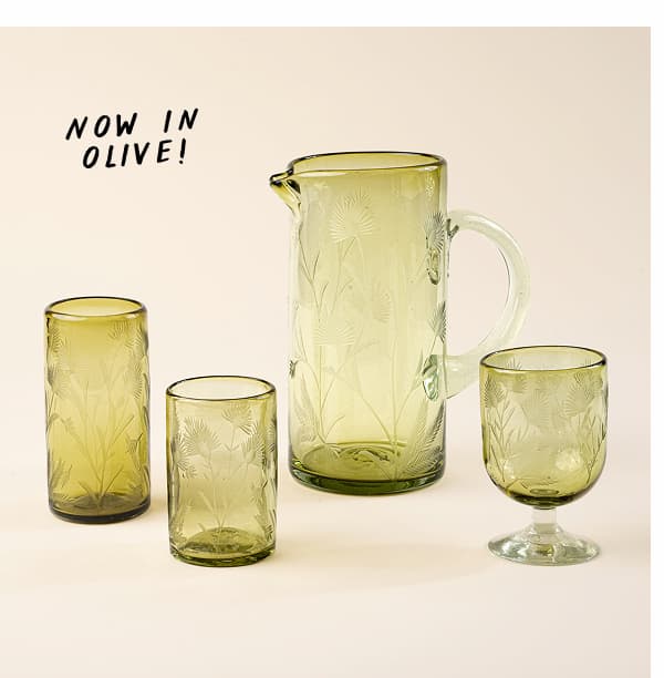 Etched Thistle Recycled Glassware in Olive