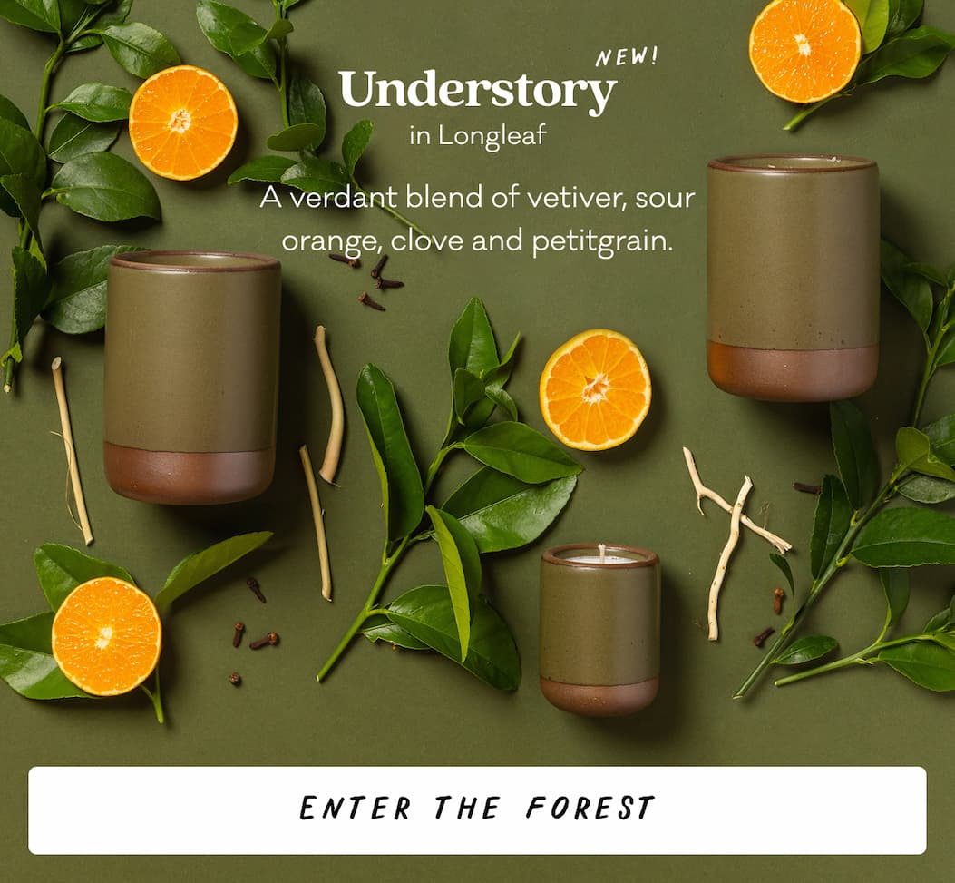 New! Understory in Longleaf. A verdant blend of vetiver, sour orange, clove and petitgrain. Enter the Forest