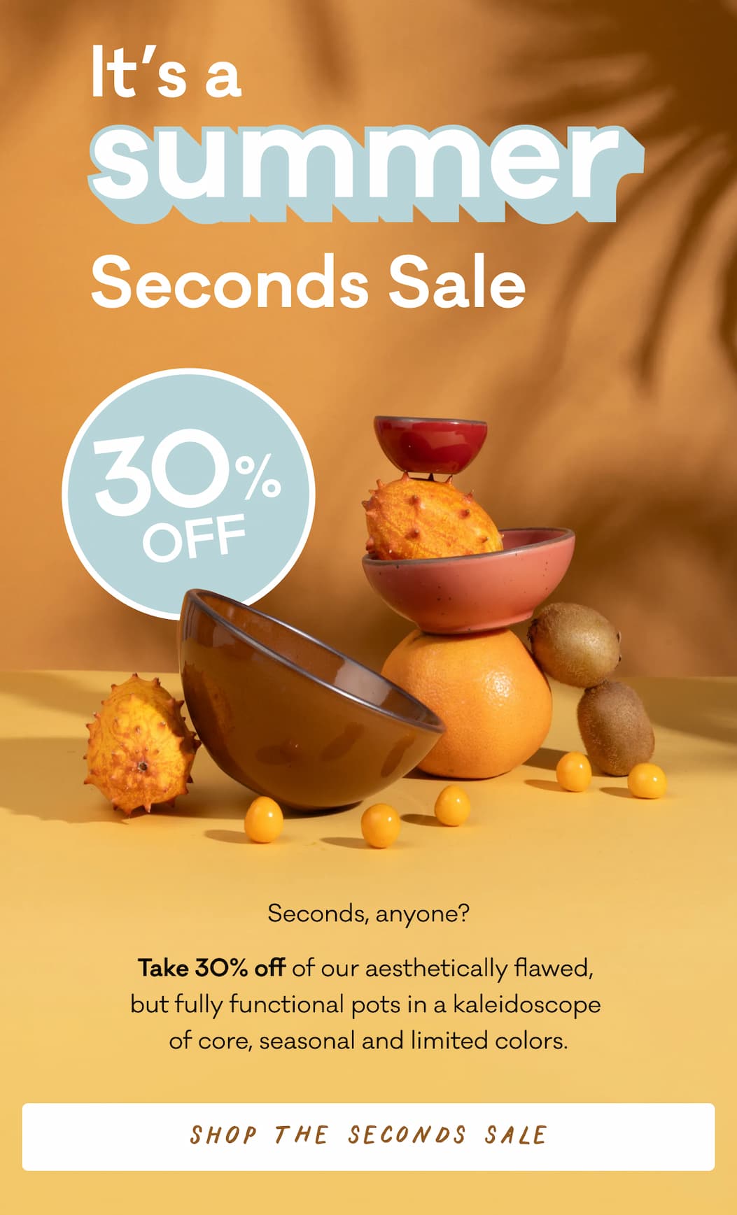 It's a Summer Seconds Sale - Seconds, anyone? Take 30% off of our aesthetically flawed,  but fully functional pots in a kaleidoscope  of core, seasonal and limited colors.