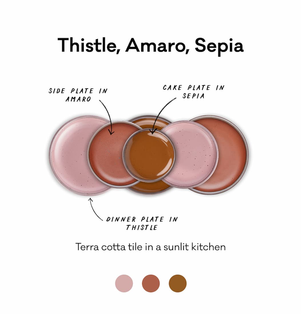 Thistle, Amaro, Sepia - Terra cotta tile in a sunlit kitchen