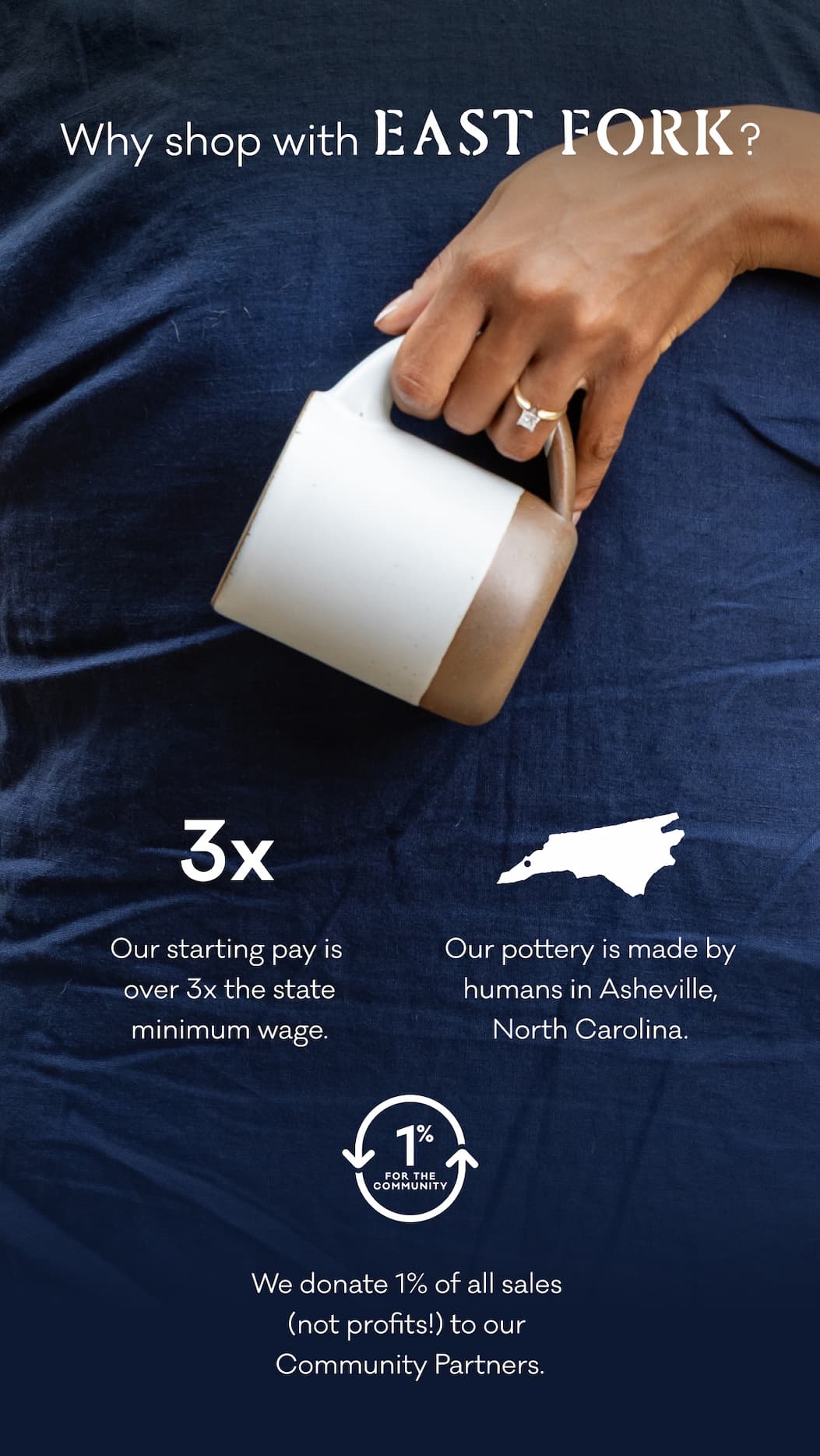 Why shop with East Fork? Our starting pay is over 3x the state minimum wage. Our pottery is made by humans in Asheville, NC. We donate 1% of all sales (not profits!) to our Community Partners.