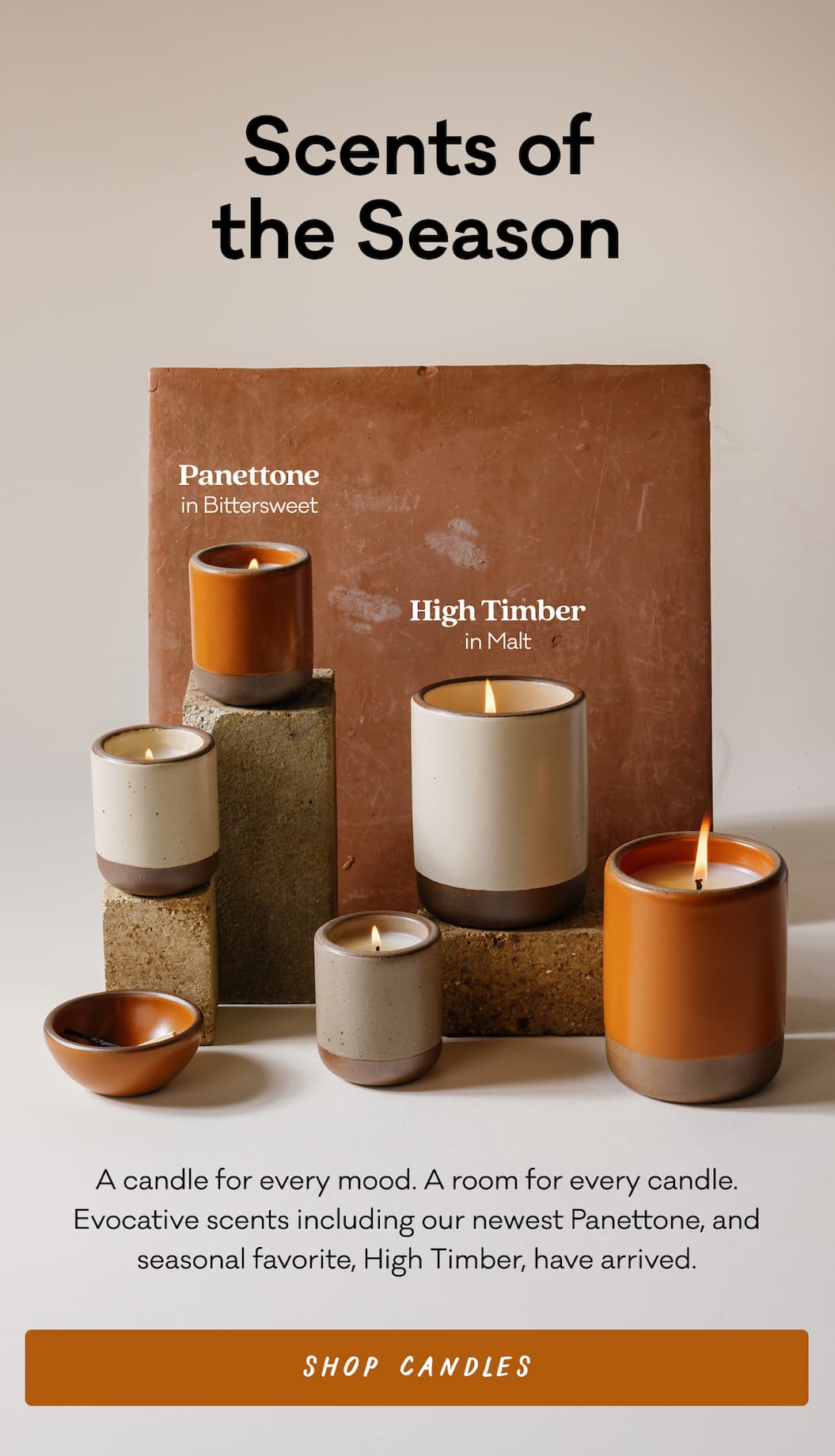Scents of the Season - A candle for every mood. A room for every candle. Evocative scents including our newest Panettone, and seasonal favorite, High Timber, have arrived. Shop Candles
