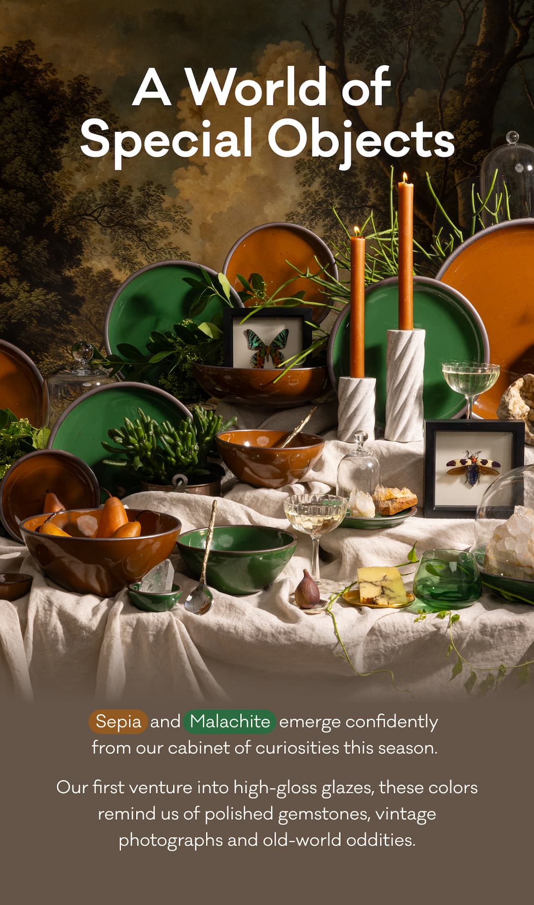 A World of Special Objects - Sepia  and  Malachite  emerge confidently
from our cabinet of curiosities this season.  Our first venture into high-gloss glazes, these colors remind us of polished gemstones, vintage photographs and old-world oddities. A World of Special Objects - Sepia  and  Malachite  emerge confidently
from our cabinet of curiosities this season.  Our first venture into high-gloss glazes, these colors remind us of polished gemstones, vintage photographs and old-world oddities.