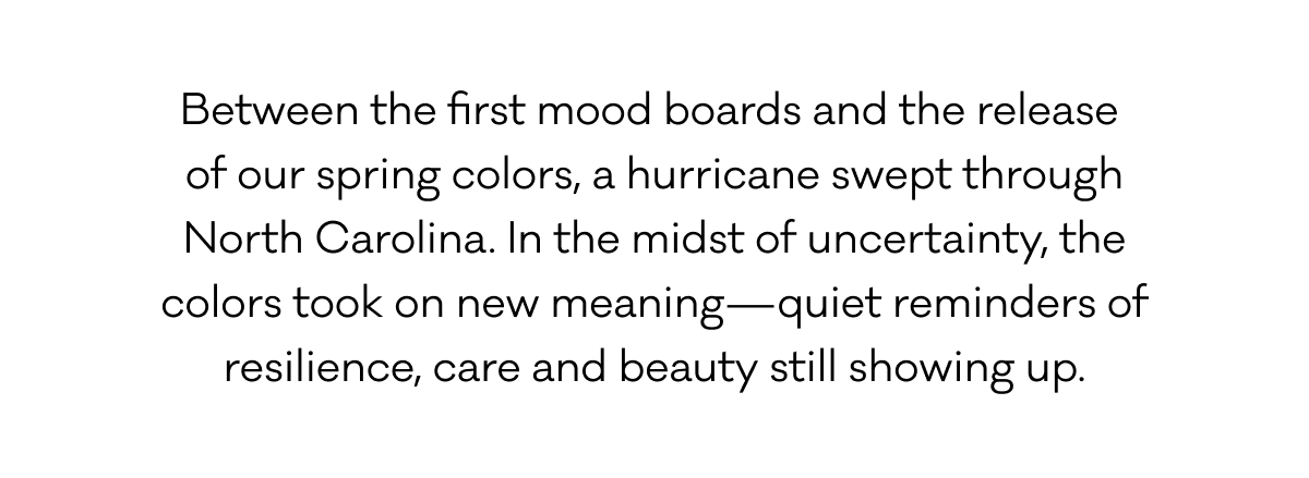 Between the first mood boards and the release  of our spring colors, a hurricane swept through North Carolina. In the midst of uncertainty, the colors took on new meaning—quiet reminders of resilience, care and beauty still showing up.