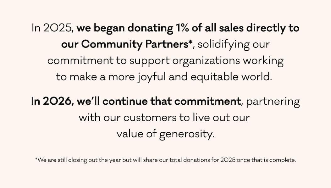 In 2025, we began donating 1% of all sales directly to our Community Partners*, solidifying our commitment to support organizations working to make a more joyful and equitable world.  In 2026, we’ll continue that commitment, partnering with our customers to live out our  value of generosity. *We are still closing out the year but will share our total donations for 2025 once that is complete.