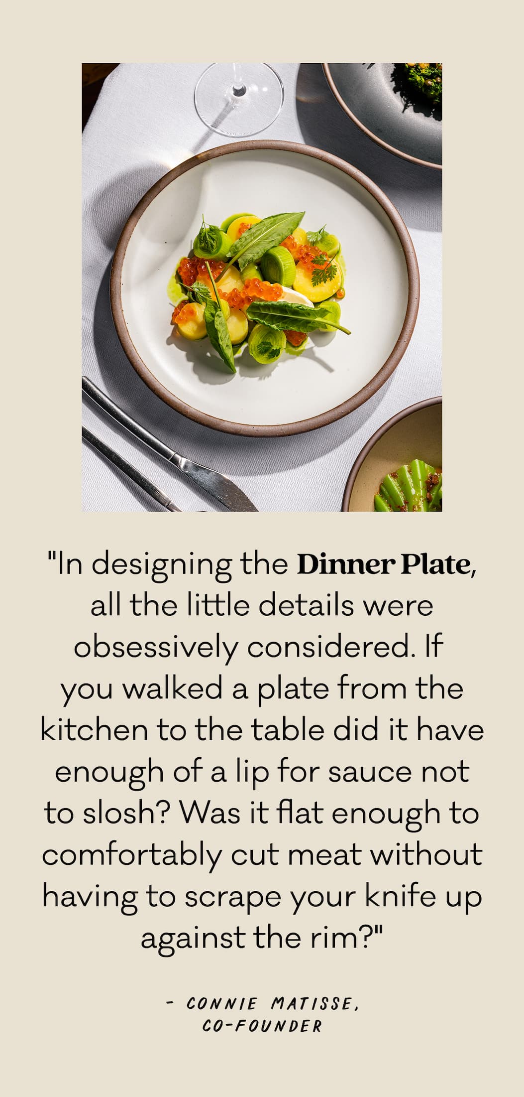 "In designing the Dinner Plate, all the little details were obsessively considered. If  you walked a plate from the kitchen to the table did it have enough of a lip for sauce not to slosh? Was it flat enough to comfortably cut meat without having to scrape your knife up against the rim?" - Connie Matisse, Co-Founder