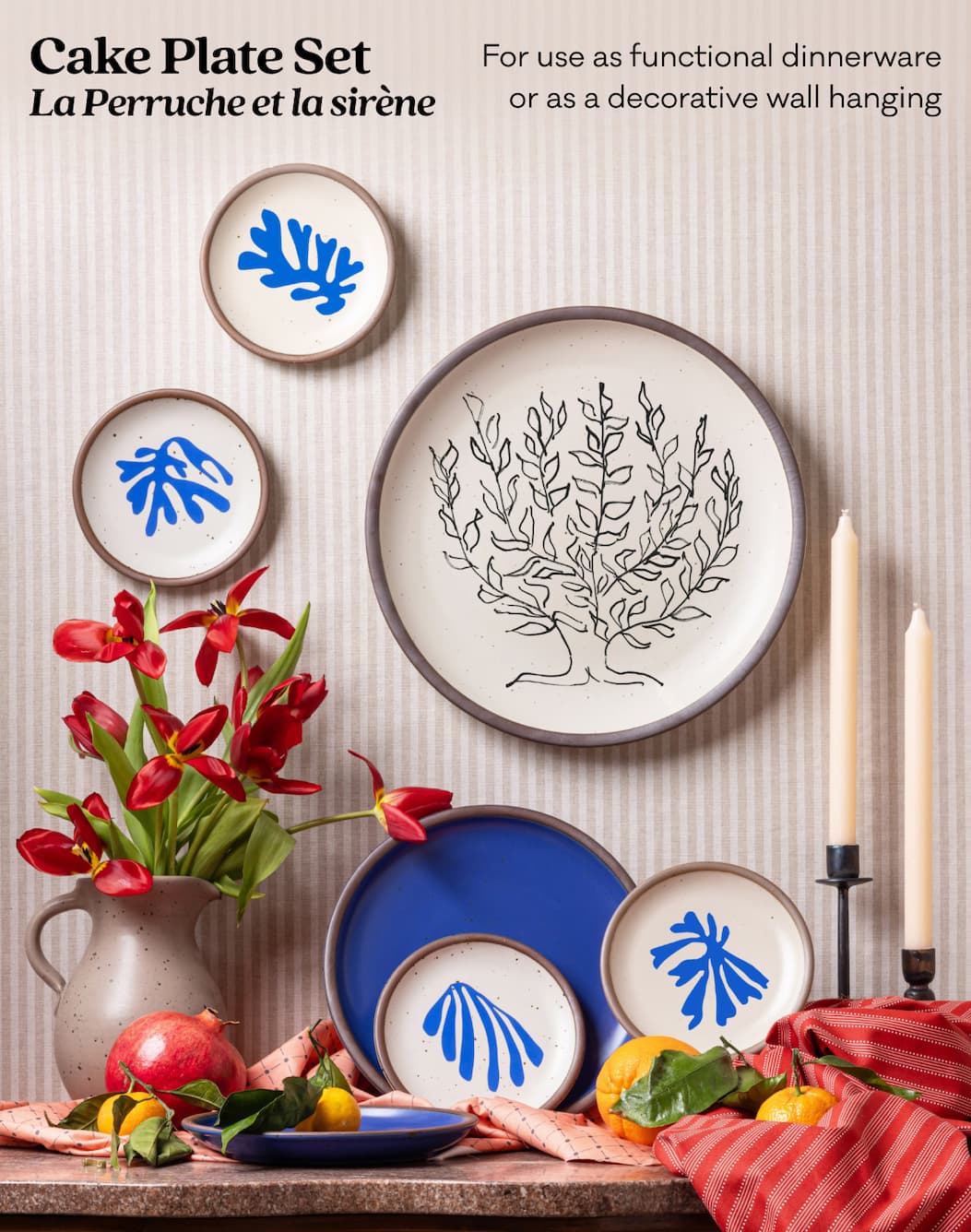 Cake Plate Set - La Perruche et la sirène - For use as functional dinnerware or as a decorative wall hanging