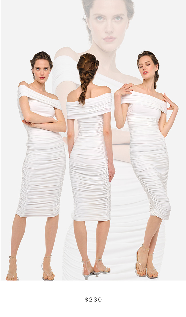 COWL NECK SHIRRED DRESS