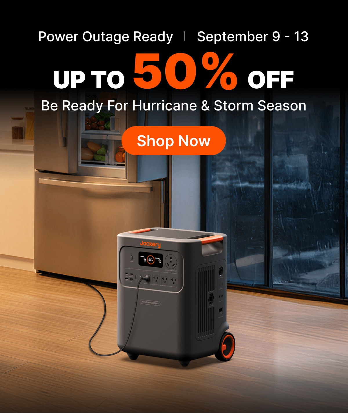 Jackery Labor Day Sale: Save up to 50% with a "Shop Now" button.