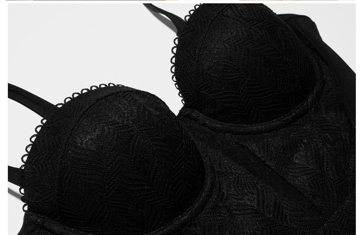 Black textured bra with lace detailing and adjustable straps.