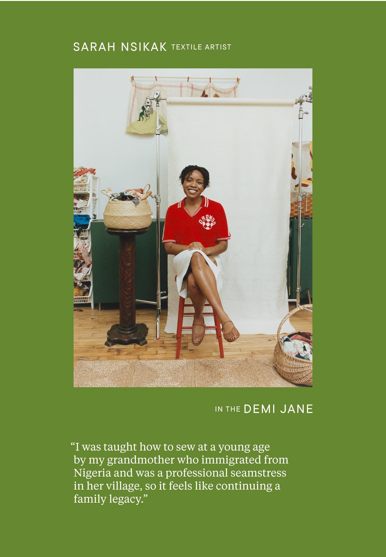 Sarah Nsikak, textile artist, in The Demi Jane.