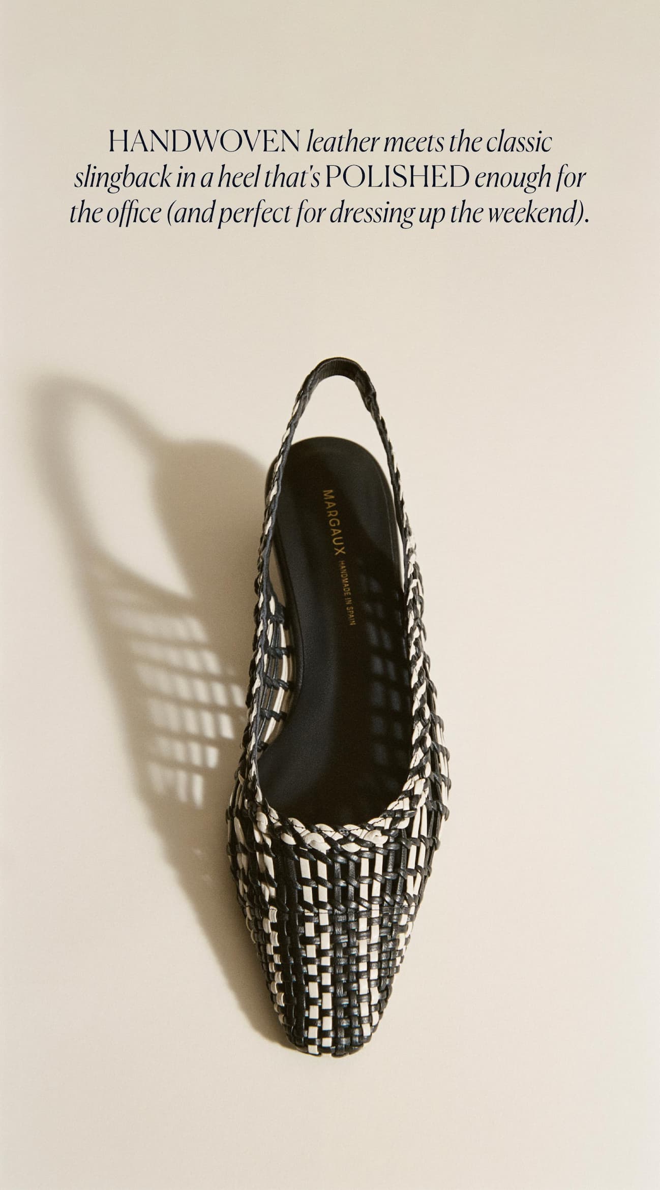Handwoven leather meets the classic slingback in a heel that's polished enough for the office (and perfect for dressing up the weekend).