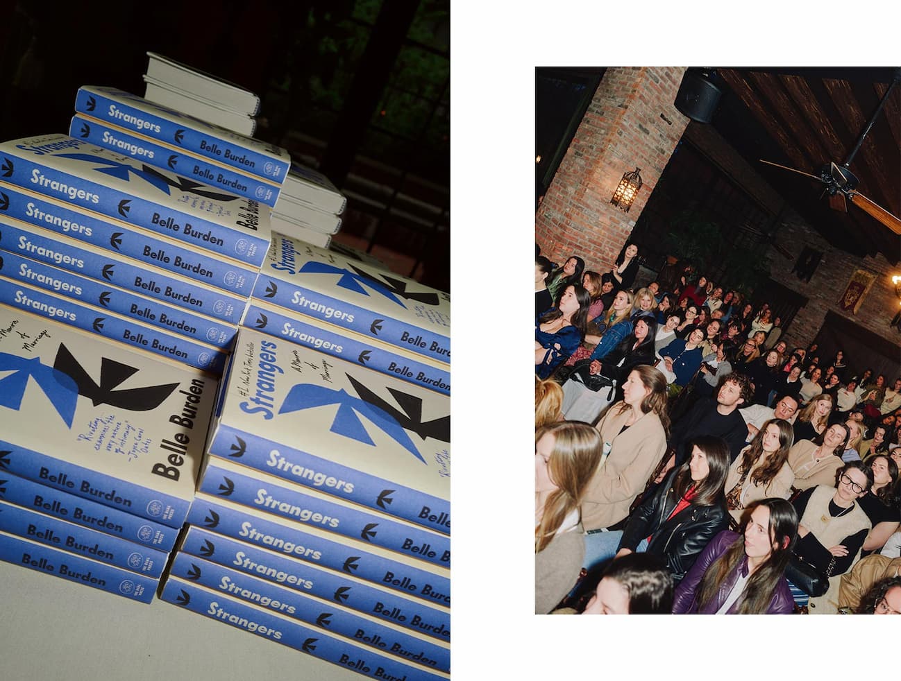 Copies of Strangers by Belle Burden and the audience at the event.