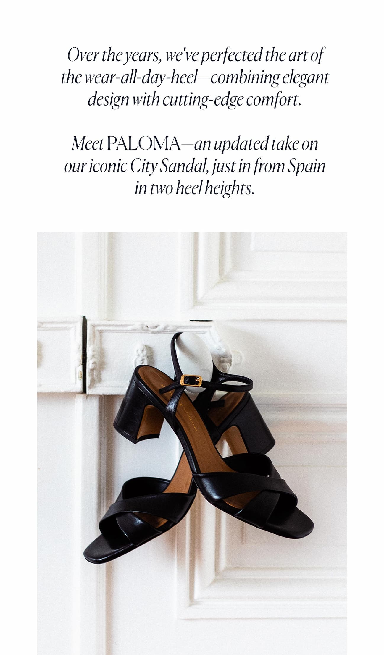 Over the years, we've perfected the art of the wear-all-day heel—combining elegant design with cutting-edge comfort. Meet Paloma—an updated take on our iconic City Sandal, just in from Spain in two heel heights.