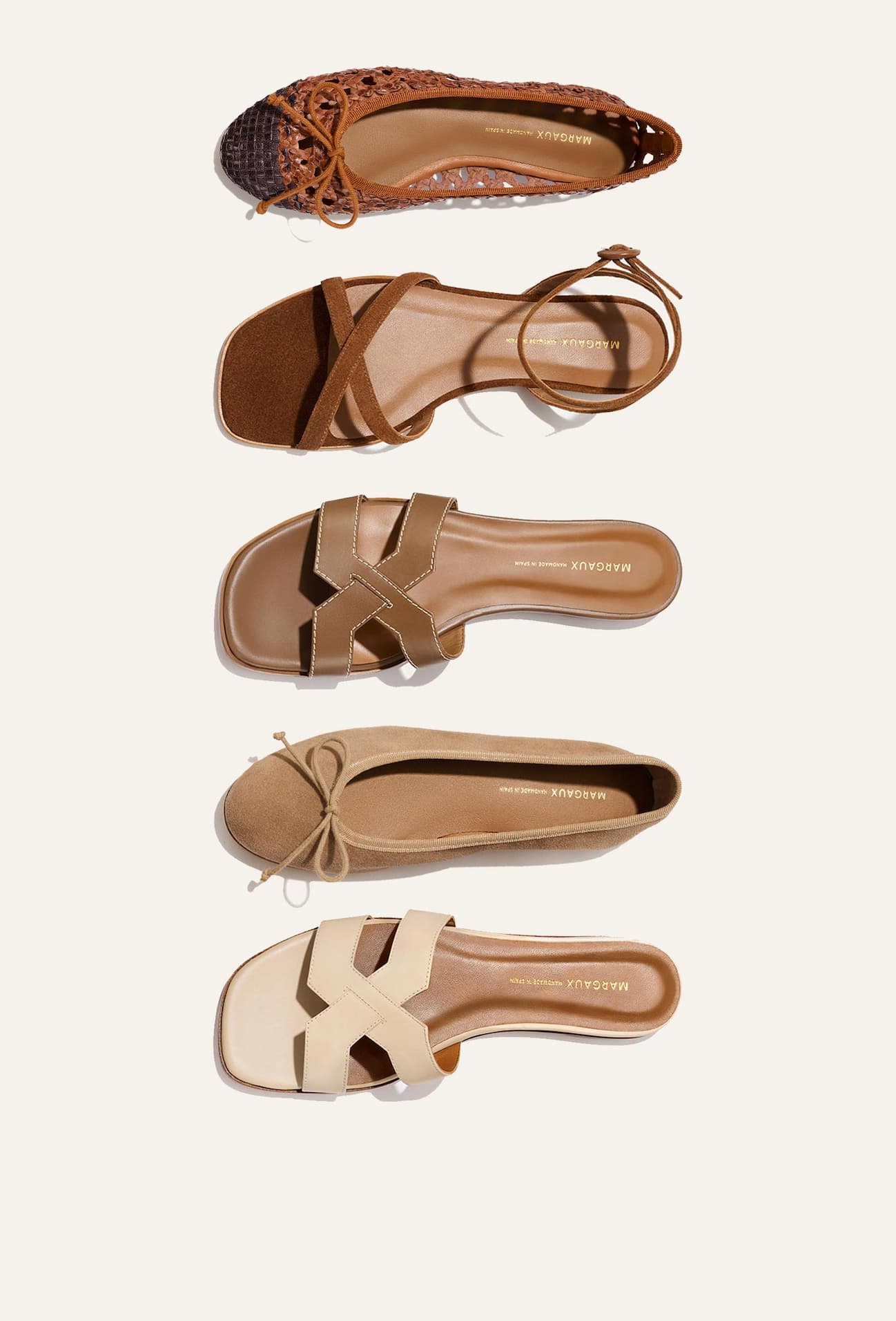 The Demi in Saddle and Espresso Woven, The Flat Sandal in Saddle Sude, The MX Sandal in Mocha, The Demi in Biscotti Suede, The MX Sandal in Latte
