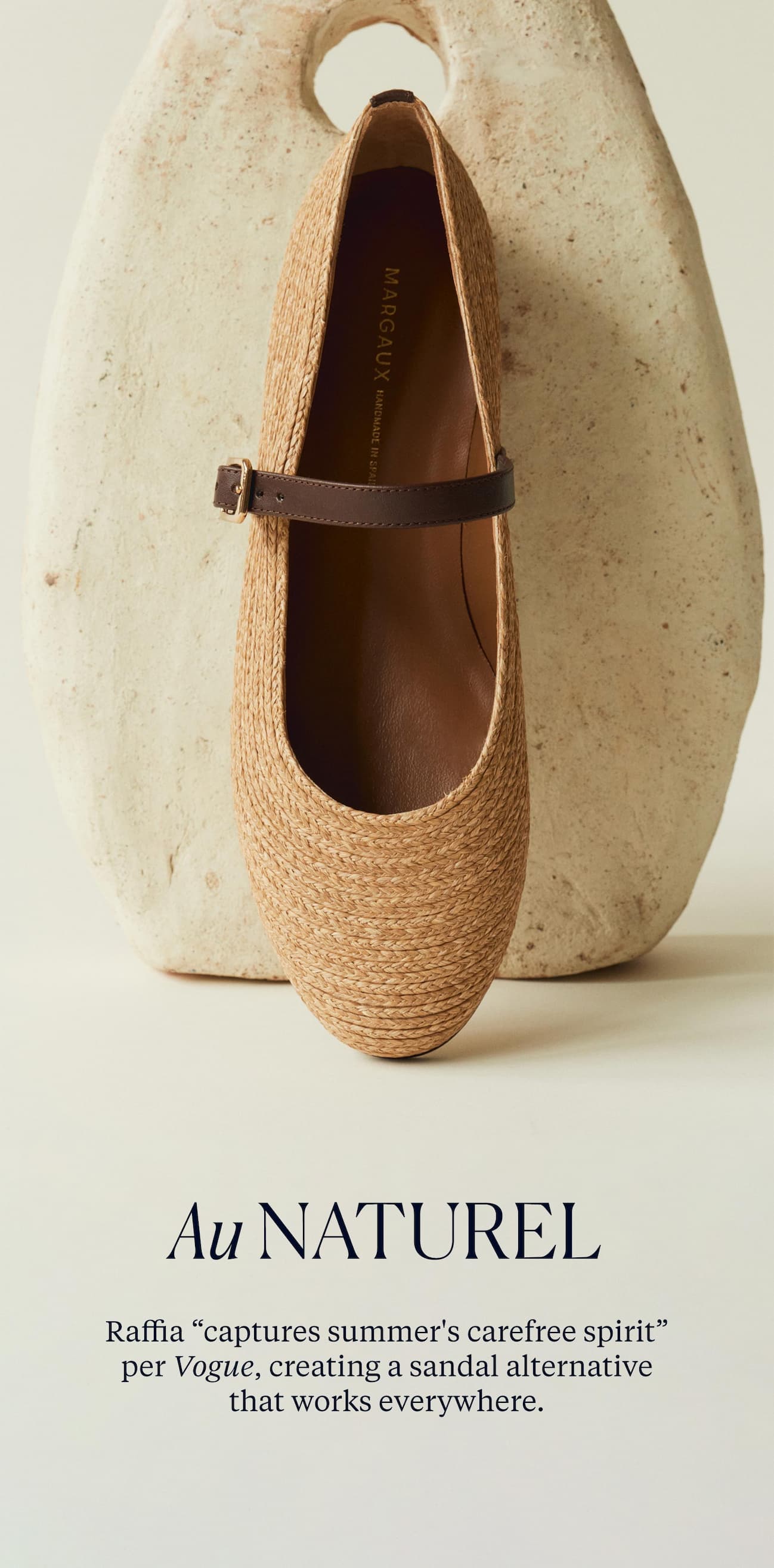 Au Naturel. Raffia "captures summer's carefree spirit" per Vogue, creating a sandal alternative that works everywhere. 