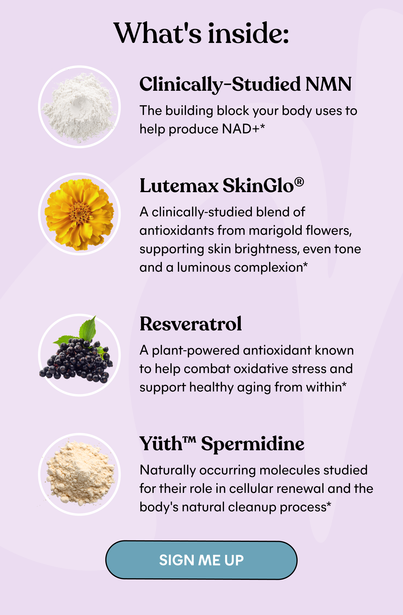 What's inside:  Clinically-Studied NMN The building block your body uses to help produce NAD+*  Lutemax SkinGlo® A clinically-studied blend of antioxidants from marigold flowers, supporting skin brightness, even tone and a luminous complexion*  Resveratrol A plant-powered antioxidant known to help combat oxidative stress and support healthy aging from within*  Yüith™ Spermidine Naturally occurring molecules studied for their role in cellular renewal and the body's natural cleanup process*  -- SIGN ME UP