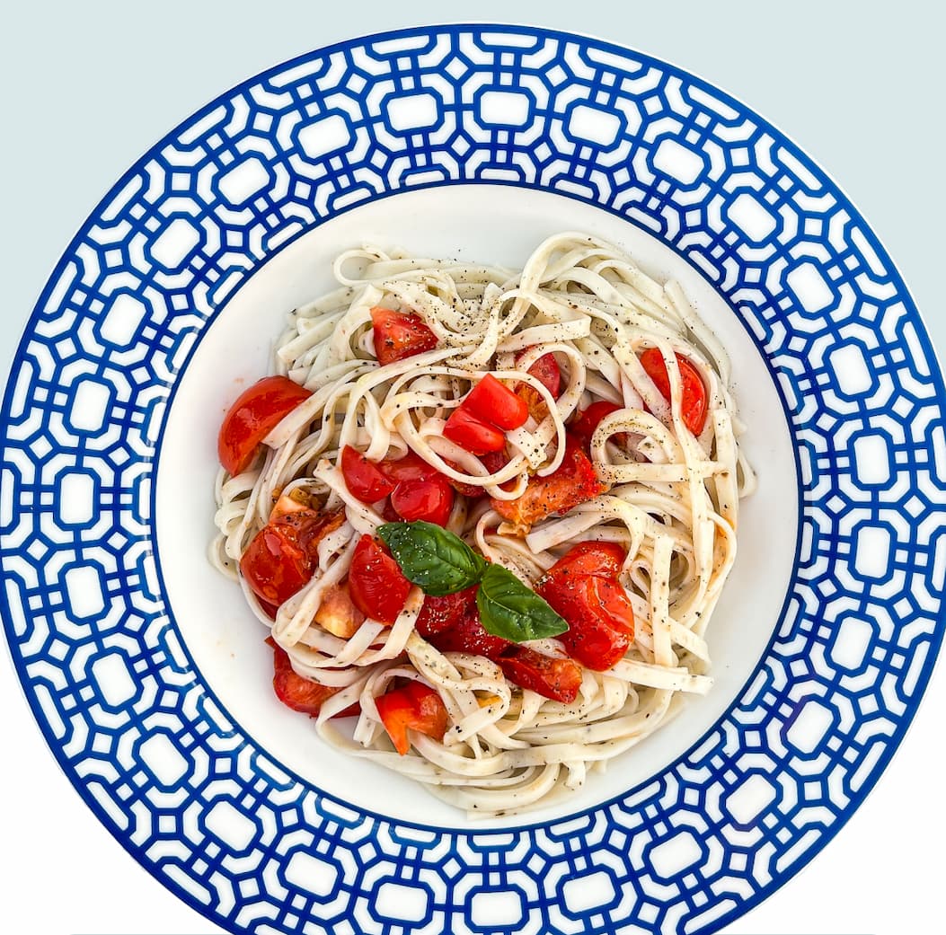 Brie, Tomato, and Basil Pasta in Caskata's Newport Garden Gate Rimmed Soup Bowl