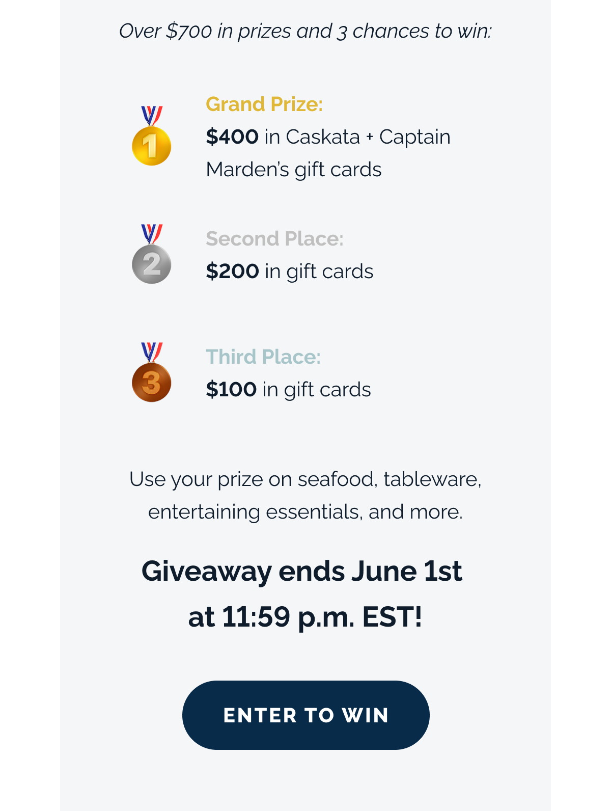 Over $700 in prizes and 3 chances to win: 🥇 Grand Prize: $400 in Caskata + Captain Marden's gift cards 🥈 Second Place: $200 in gift cards 🥉 Third Place: $100 in gift cards. Use your prize on seafood, tableware, entertaining essentials, and more. Giveaway ends June 1st at 11:59 p.m. EST. ENTER TO WIN